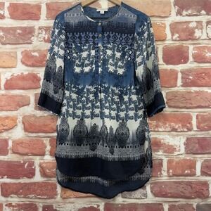 Westport Top Women's XS Blue Multicolor Boho Floral  Long Sheer Casual Shirt